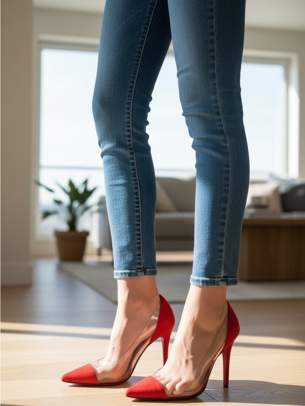 Red Pointed Toe Stiletto Heels with Clear Side Panels